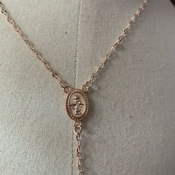 (J1)Rose Gold Toned Rosary Necklace - Picture 4 of 5